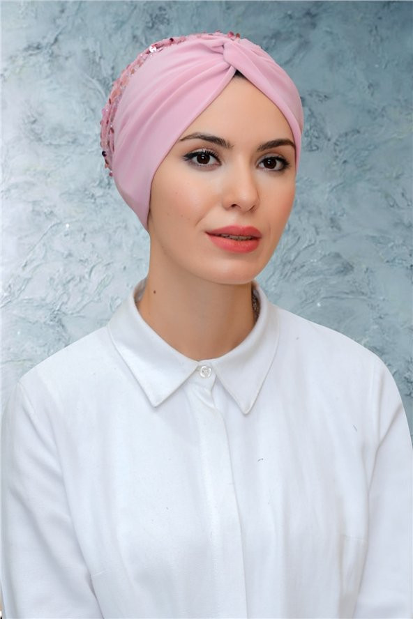 Pudra Pratik Hazır Geçmeli Tesettür Bone Sandy Kumaş Pullu Büzgülü 1906_06 - 1
