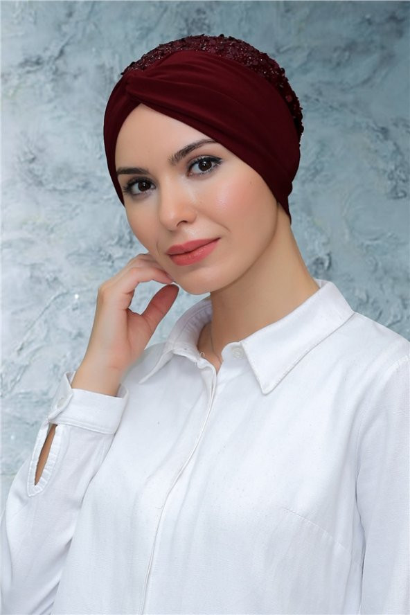 Bordo Pratik Hazır Geçmeli Tesettür Bone Sandy Kumaş Pullu Büzgülü 1906_16