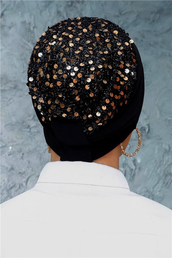 Siyah-Gold Pratik Hazır Geçmeli Tesettür Bone Sandy Kumaş Pullu Büzgülü 1906_102 - 2