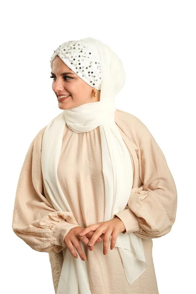 Beyaz Arkadan Bağlamalı Şal Şifon Pullu Pileli 1910_42 - 2