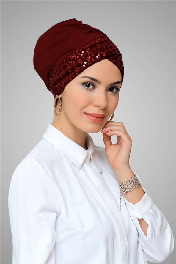 Bordo Pratik Hazır Geçmeli Tesettür Bone Sandy Kumaş Pullu Tek Çapraz 1907_16
