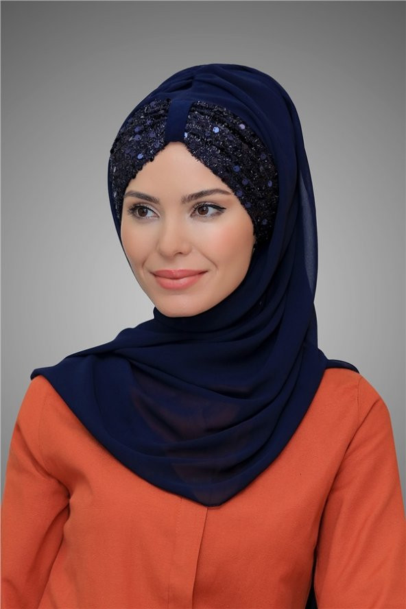 Lacivert Arkadan Bağlamalı Şal Şifon Pullu Pileli 1914_02