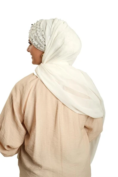 Beyaz Arkadan Bağlamalı Şal Şifon Pullu Pileli 1910_42 - 4