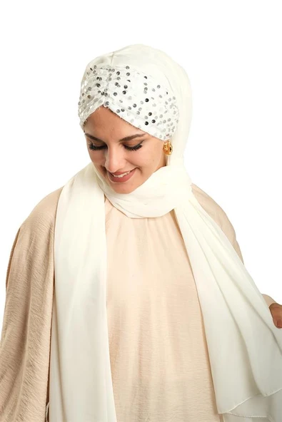 Beyaz Arkadan Bağlamalı Şal Şifon Pullu Pileli 1910_42 - 3