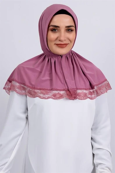 Gül Kurusu Pratik Hazır Geçmeli Tesettür Eşarp Viskon Kumaş Çıtçıtlı Dantelli 2105_18