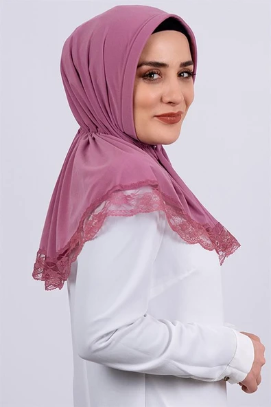 Gül Kurusu Pratik Hazır Geçmeli Tesettür Eşarp Viskon Kumaş Çıtçıtlı Dantelli 2105_18 - 2