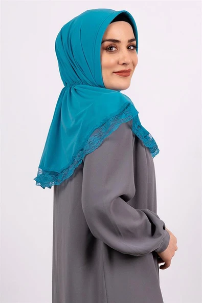 Mavi Pratik Hazır Geçmeli Tesettür Eşarp Viskon Kumaş Çıtçıtlı Dantelli 2105_34 - 2
