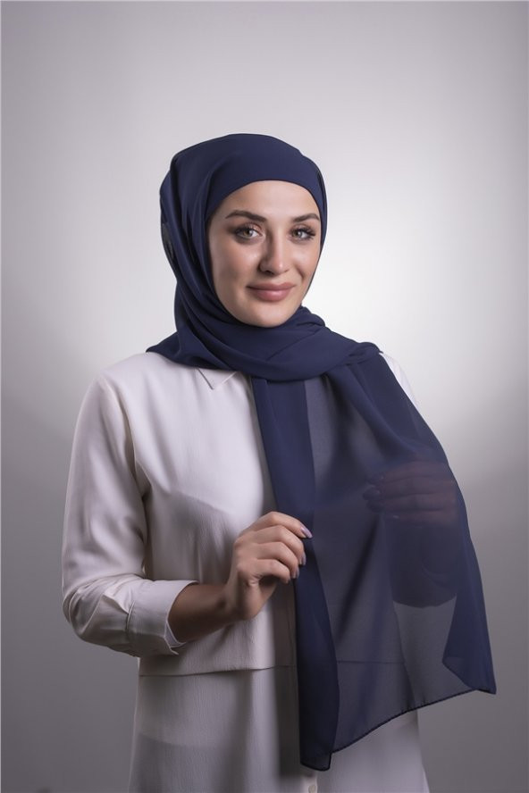 Lacivert Pratik Hazır Geçmeli Şal Şifon Boru Boneli 3001_02 - 4