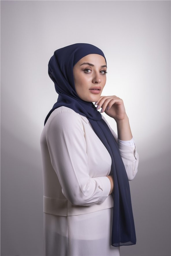 Lacivert Pratik Hazır Geçmeli Şal Şifon Boru Boneli 3001_02 - 6