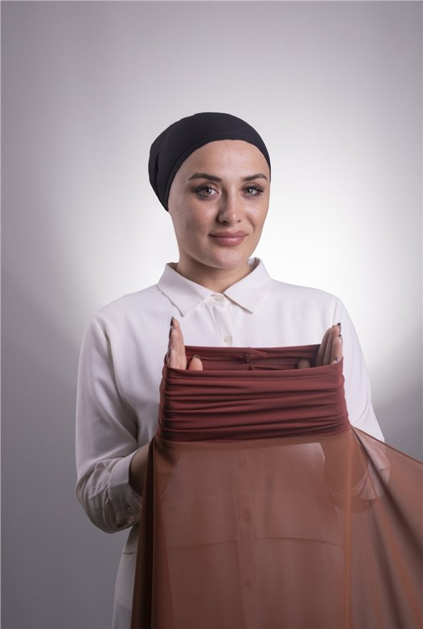 Koyu Kiremit Pratik Hazır Geçmeli Şal Şifon Boru Boneli 3001_29