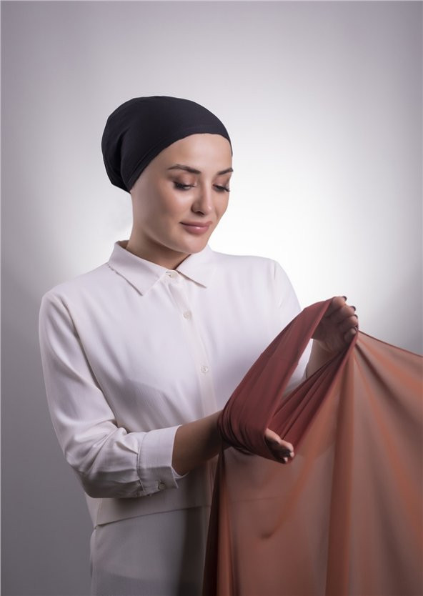 Koyu Kiremit Pratik Hazır Geçmeli Şal Şifon Boru Boneli 3001_29 - 2