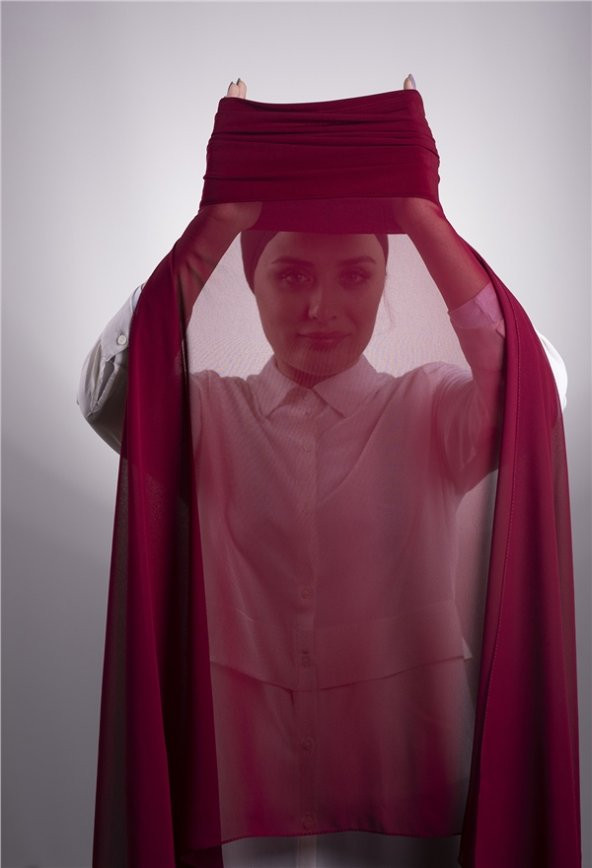 Bordo Pratik Hazır Geçmeli Şal Şifon Boru Boneli 3001_16 - 3