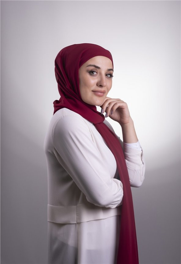 Bordo Pratik Hazır Geçmeli Şal Şifon Boru Boneli 3001_16 - 5
