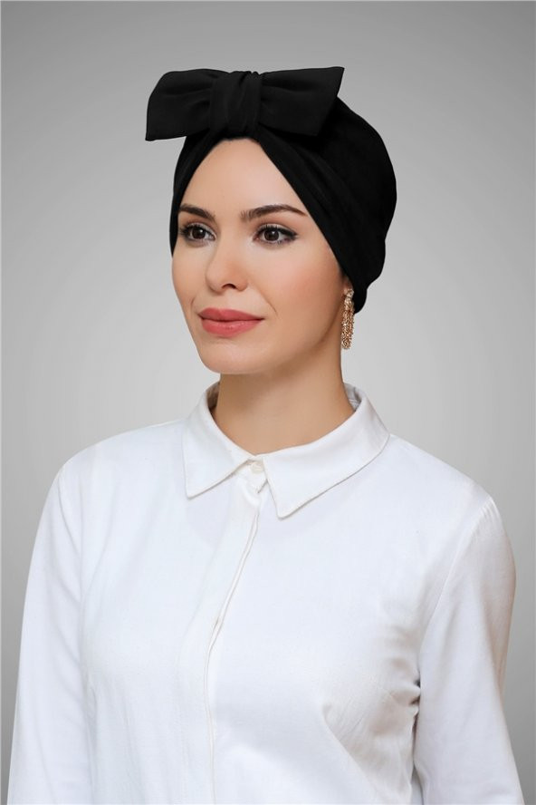 Siyah Pratik Hazır Geçmeli Tesettür Bone Sandy Kumaş Fiyonklu Büzgülü 7006_01 - 1