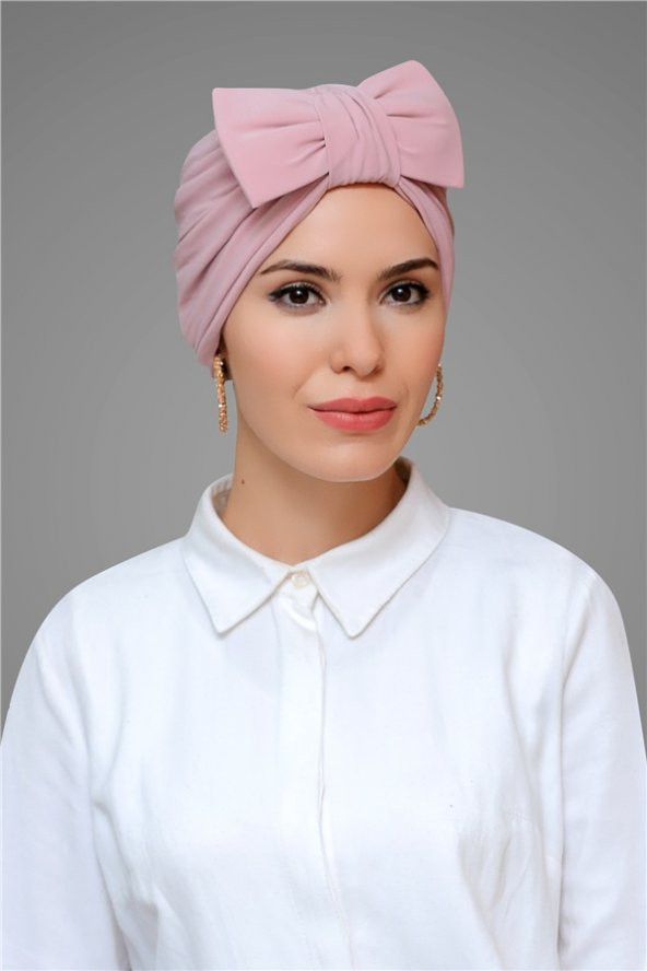 Pudra Pratik Hazır Geçmeli Tesettür Bone Sandy Kumaş Fiyonklu Büzgülü 7006_06