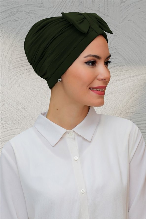 Haki Pratik Hazır Geçmeli Tesettür Bone Sandy Kumaş Fiyonklu Büzgülü 7010_09