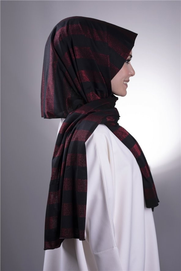 Bordo Düz Klasik Şal Viskon Kumaş Simli Şeritli 202100_16 - 2