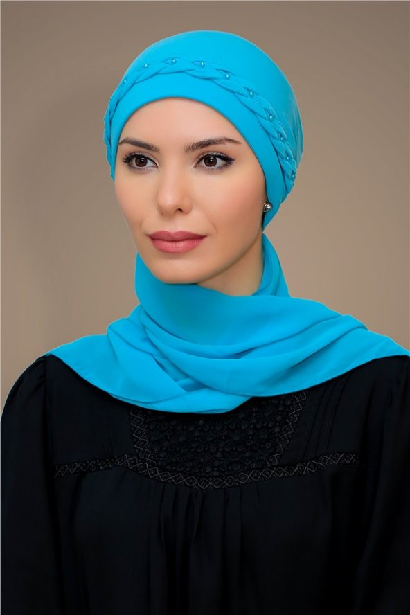 Bebe Mavisi Pratik Hazır Geçmeli Tesettür Bone Sandy Kumaş Örgülü Güllü Şifon Atkılı 1203A_11 - 2