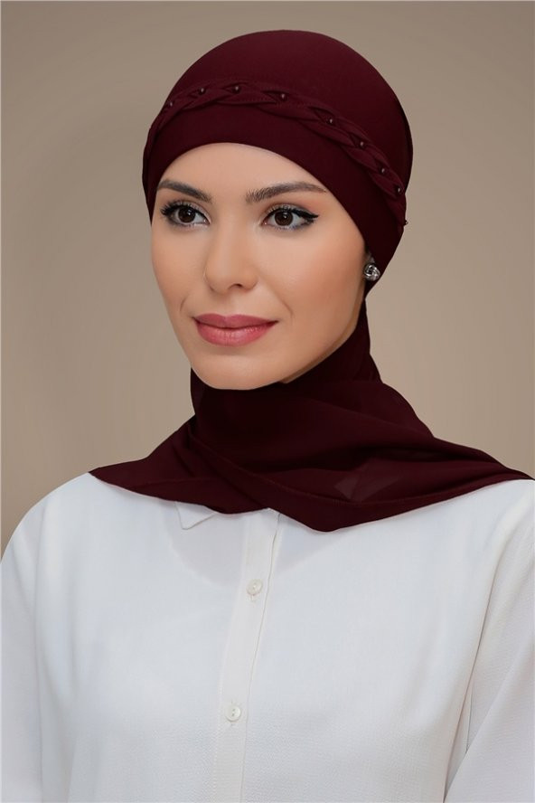 Bordo Pratik Hazır Geçmeli Tesettür Bone Sandy Kumaş Örgülü Güllü Şifon Atkılı 1203A_16