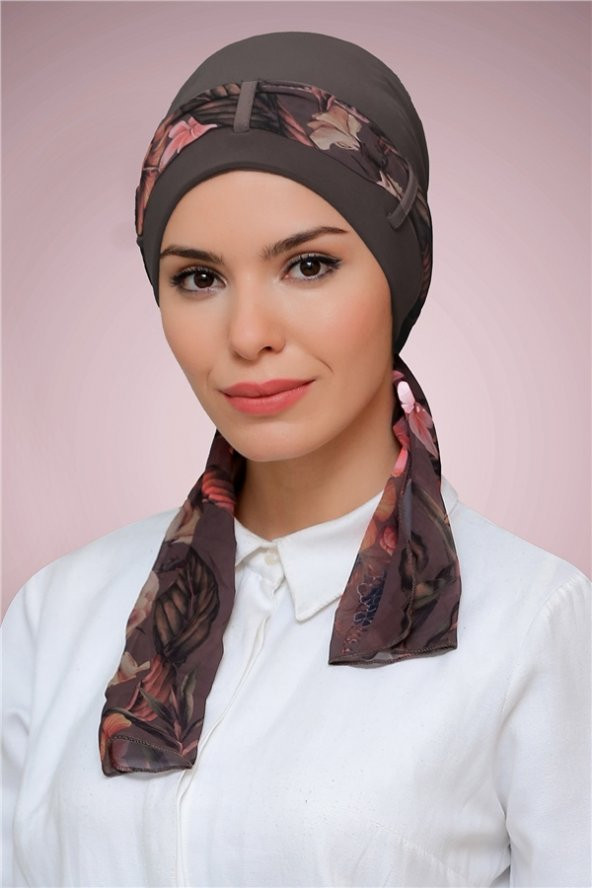 Vizon Pratik Hazır Geçmeli Tesettür Bone Sandy Kumaş Desenli Şifon Kemerli 1205D_10 ürün görseli 1