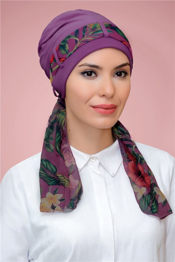 Violet Pratik Hazır Geçmeli Tesettür Bone Sandy Kumaş Desenli Şifon Kemerli 1205D_21 ürün görseli 1