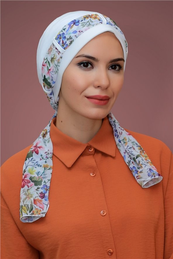 Krem Pratik Hazır Geçmeli Tesettür Bone Sandy Kumaş Desenli Şifon Kemerli 1205D_40 ürün görseli 1