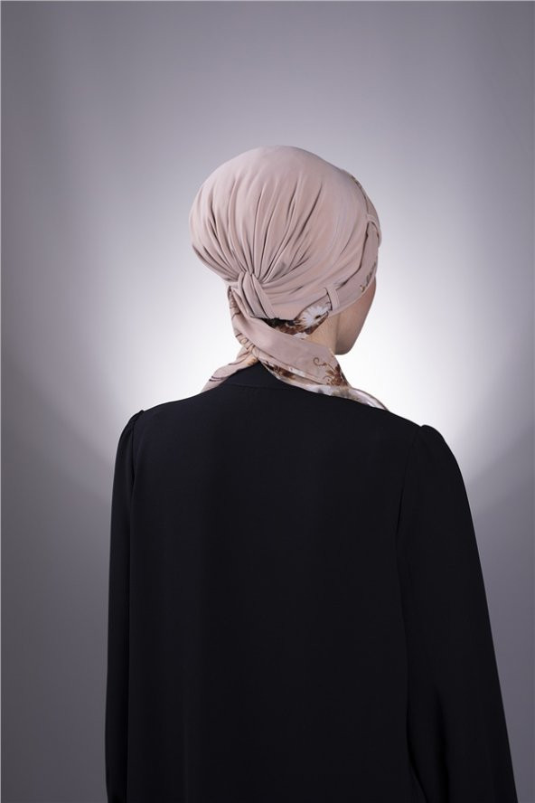 Bej Pratik Hazır Geçmeli Tesettür Bone Sandy Kumaş Desenli Şifon Kemerli 1205D_12 - 4