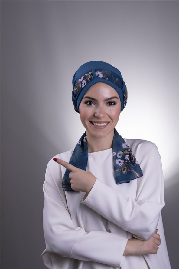 P. Mavisi Pratik Hazır Geçmeli Tesettür Bone Sandy Kumaş Desenli Şifon Kemerli 1205D_17 - 3