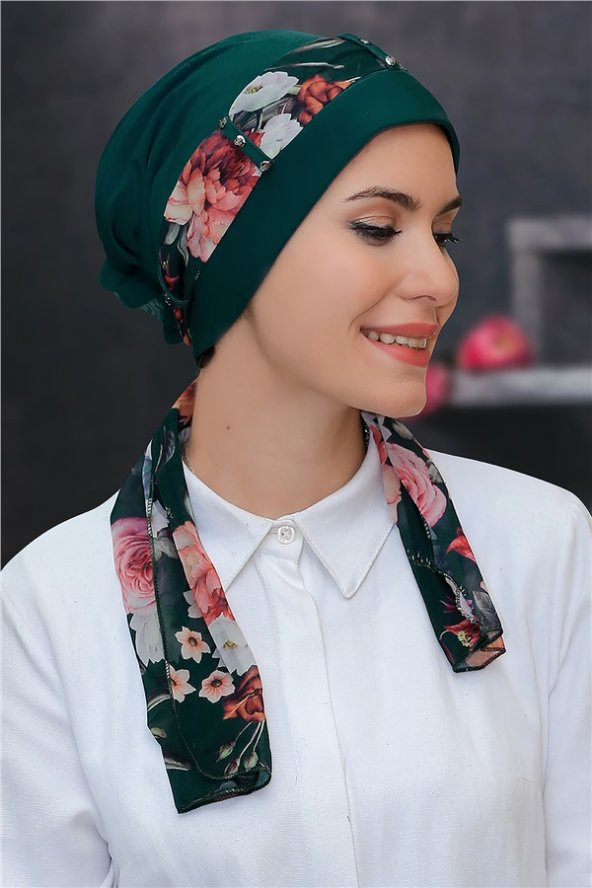 Zümrüt Pratik Hazır Geçmeli Tesettür Bone Sandy Kumaş Desenli Şifon Kemerli 1305D_37