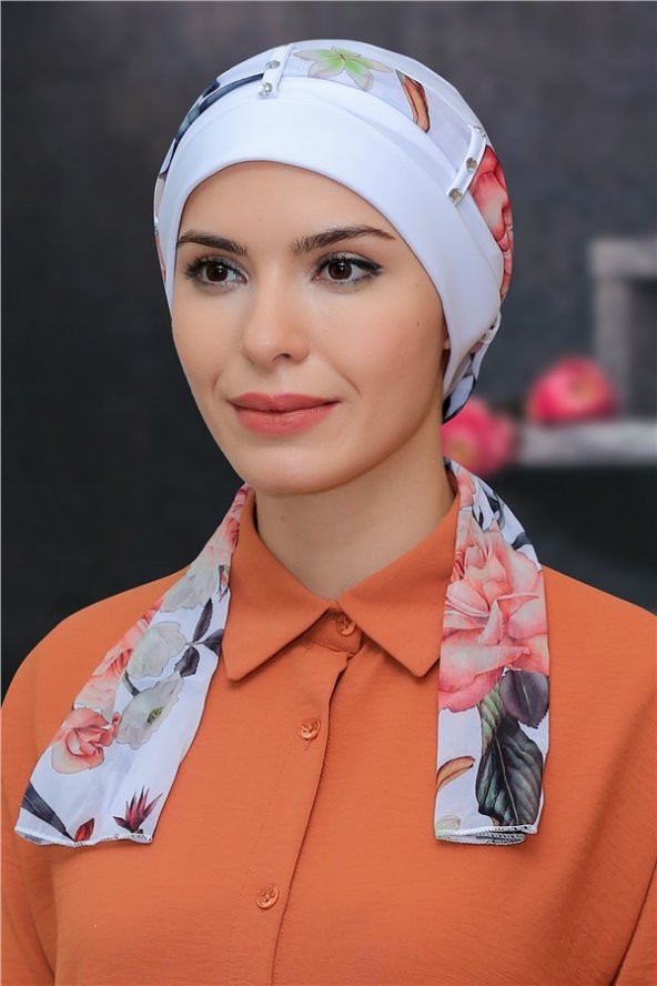 Beyaz Pratik Hazır Geçmeli Tesettür Bone Sandy Kumaş Desenli Şifon Kemerli 1305D_42