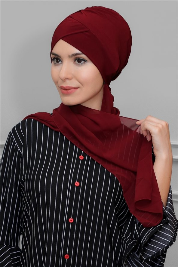 Bordo Pratik Hazır Geçmeli Tesettür Bone Sandy Kumaş Çapraz Büzgülü Şifon Atkılı 1801A_16