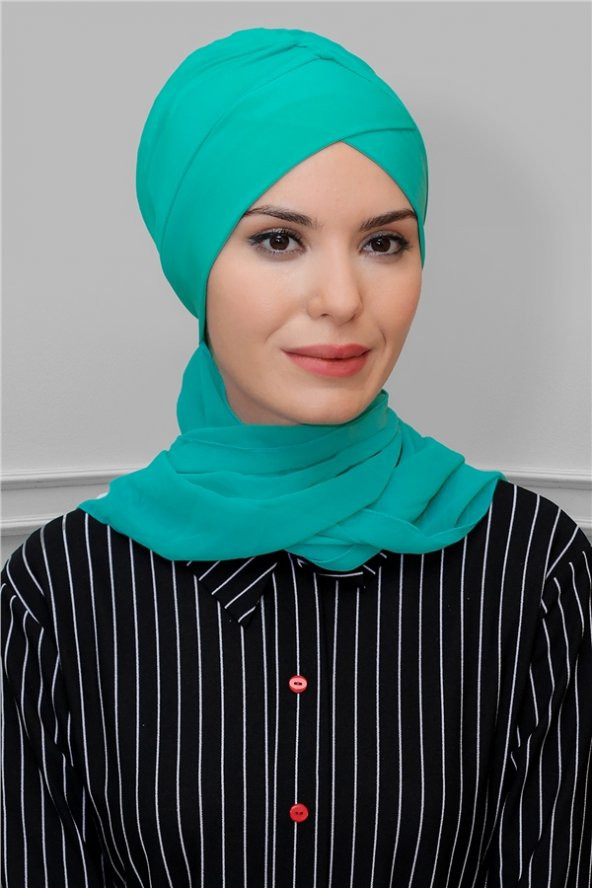 Mint Y. Pratik Hazır Geçmeli Tesettür Bone Sandy Kumaş Çapraz Büzgülü Şifon Atkılı 1801A_13