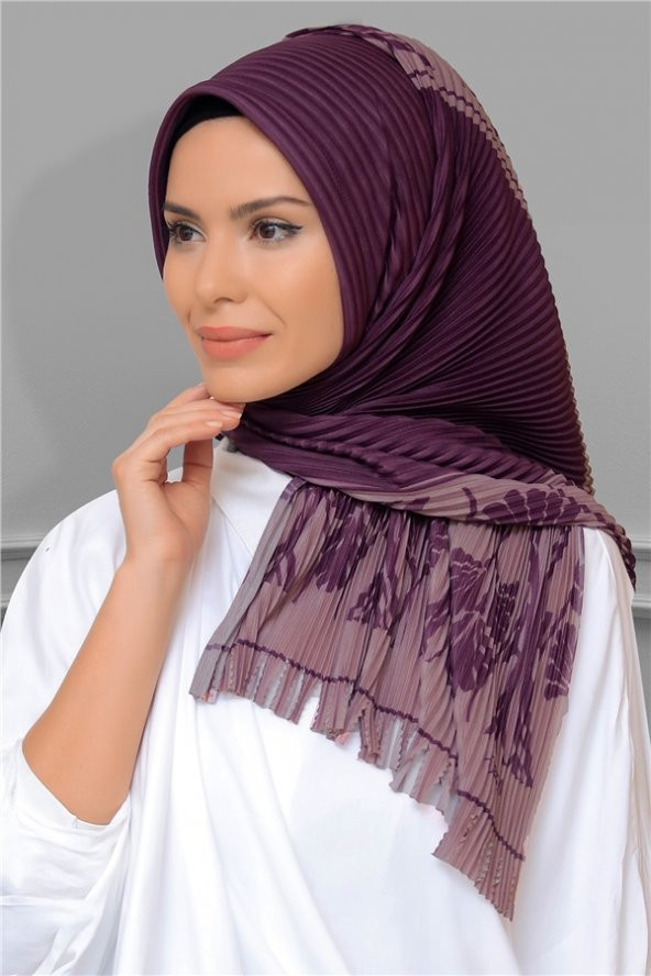 Mürdüm Pratik Hazır Geçmeli Tesettür Eşarp Kesik Elyaf Piliseli Çiçek Desenli 1818D3_07