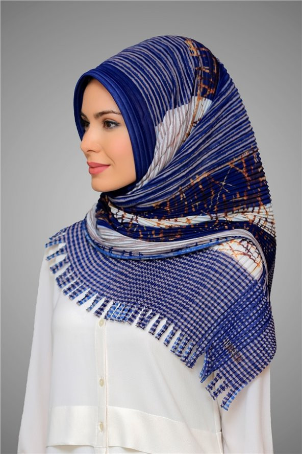 Lacivert Pratik Hazır Geçmeli Tesettür Eşarp Kesik Elyaf Piliseli Çiçek Desenli 1818D4_02 - Resim 2