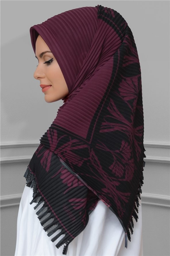 Bordo Pratik Hazır Geçmeli Tesettür Eşarp Kesik Elyaf Piliseli Çiçek Desenli 1818D3_16