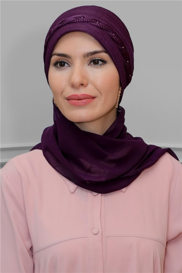 Mürdüm Pratik Hazır Geçmeli Tesettür Bone Fukuro Piliseli Örgülü Şifon Atkılı 1825A_07 - 1