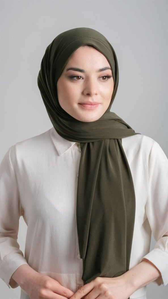 Haki Pratik Hazır Geçmeli Eşarp Sandy Kumaş Sade 1817_09