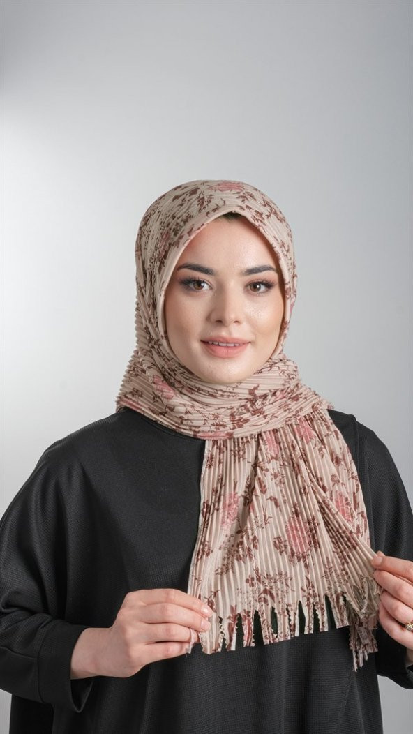Bej Pratik Hazır Geçmeli Tesettür Eşarp Kesik Elyaf Piliseli Çiçek Desenli 1818D6_12