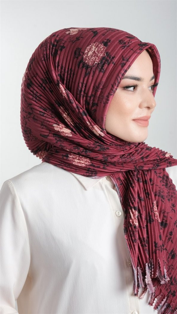 Bordo Pratik Hazır Geçmeli Tesettür Eşarp Kesik Elyaf Piliseli Çiçek Desenli 1818D6_16 - 2