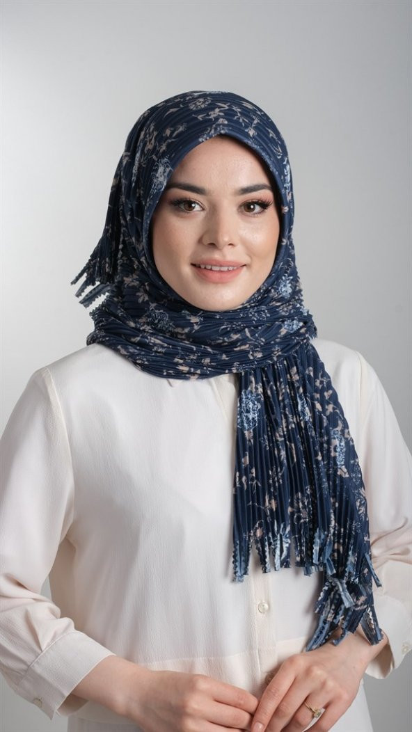 Lacivert-Vizon Pratik Hazır Geçmeli Tesettür Eşarp Kesik Elyaf Piliseli Çiçek Desenli 1818D6_210
