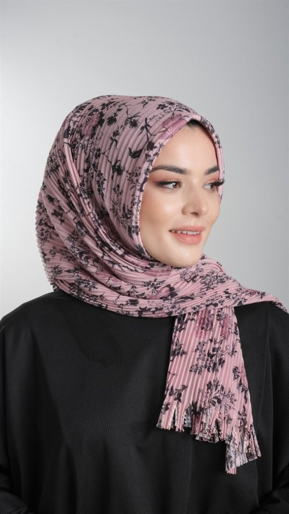 Pudra-Siyah Pratik Hazır Geçmeli Tesettür Eşarp Kesik Elyaf Piliseli Çiçek Desenli 1818D6_601 - 2