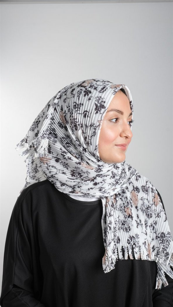 Krem-Siyah Pratik Hazır Geçmeli Tesettür Eşarp Kesik Elyaf Piliseli Çiçek Desenli 1818D6_4001 - 4