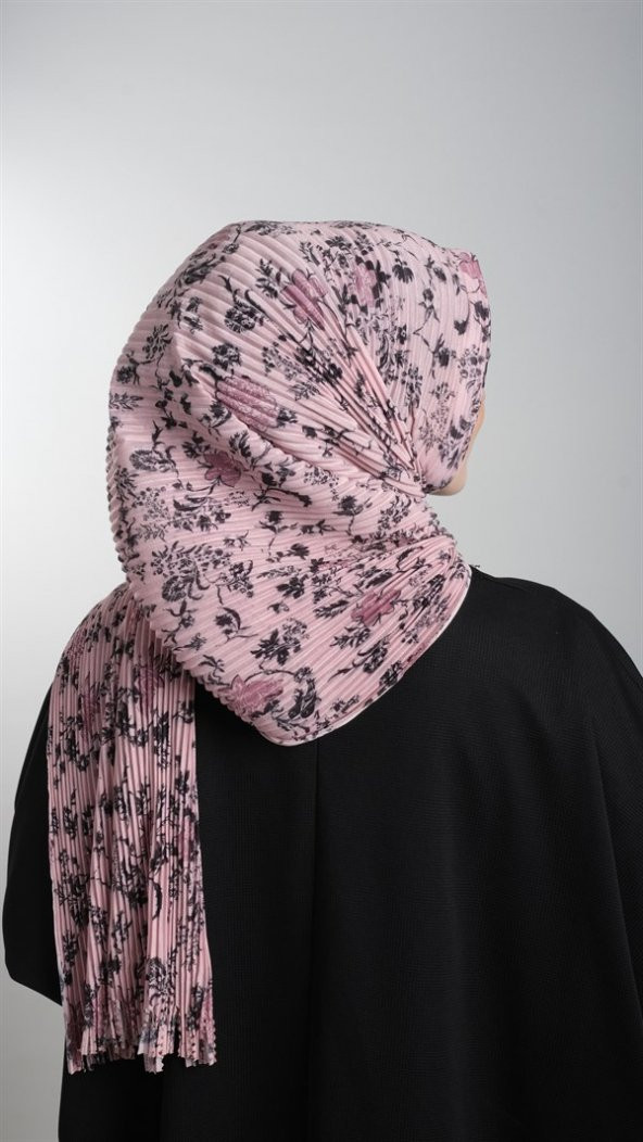 Pudra-Siyah Pratik Hazır Geçmeli Tesettür Eşarp Kesik Elyaf Piliseli Çiçek Desenli 1818D6_601 - 3