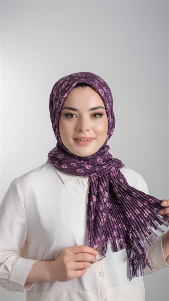 Mürdüm Pratik Hazır Geçmeli Tesettür Eşarp Kesik Elyaf Piliseli Çiçek Desenli 1818D7_07