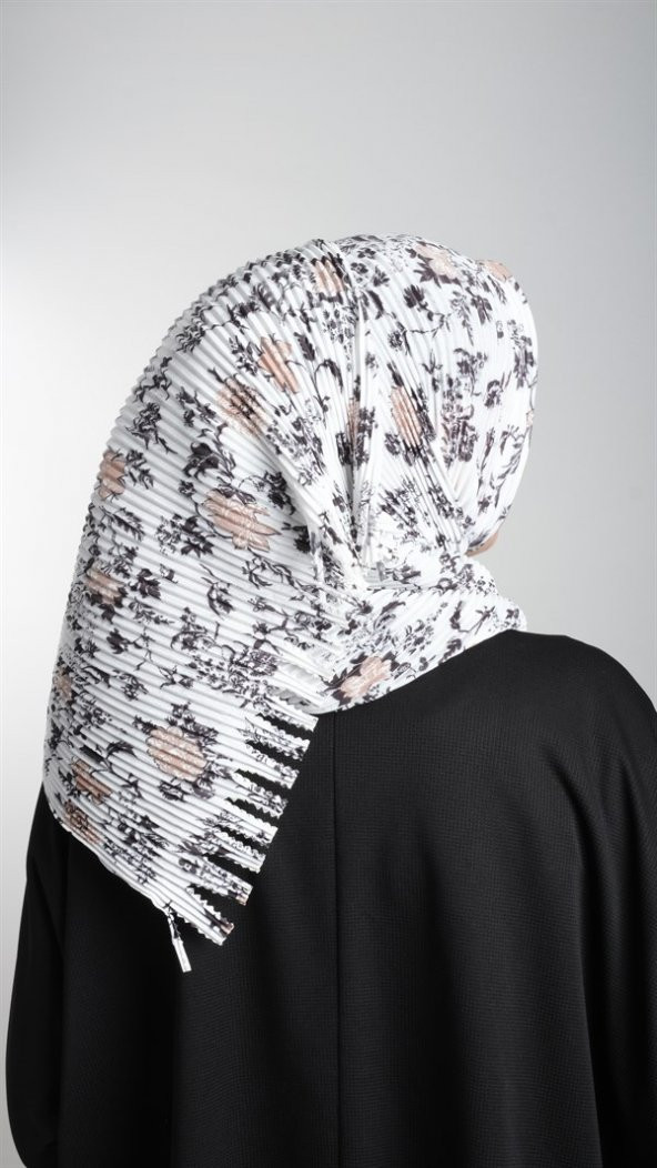 Krem-Siyah Pratik Hazır Geçmeli Tesettür Eşarp Kesik Elyaf Piliseli Çiçek Desenli 1818D6_4001 - 5
