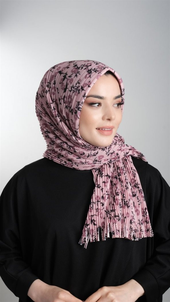 Pudra Pratik Hazır Geçmeli Tesettür Eşarp Kesik Elyaf Piliseli Çiçek Desenli 1818D7_06 - 2