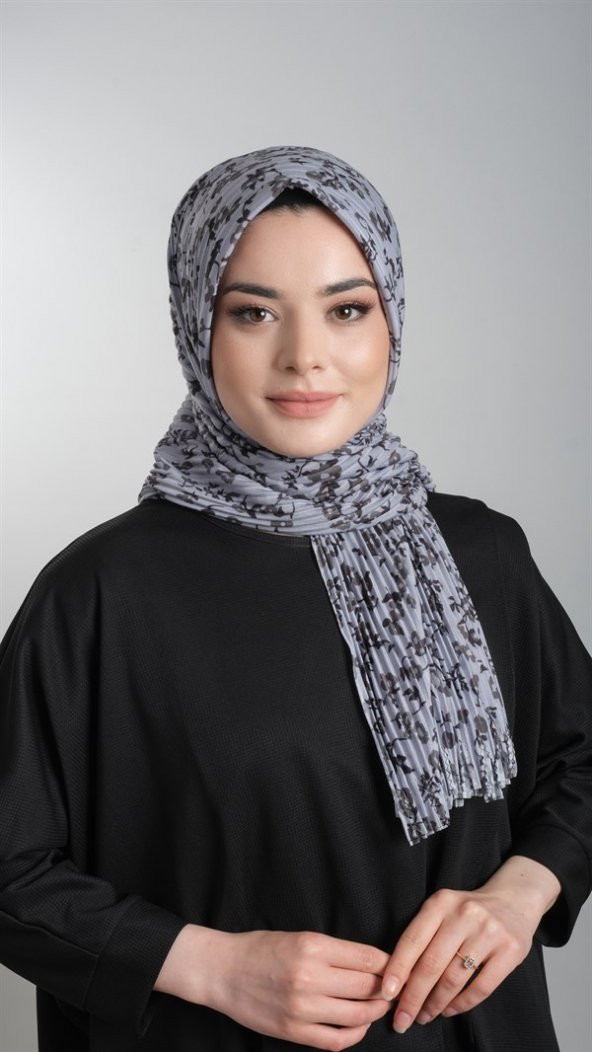 Gri Pratik Hazır Geçmeli Tesettür Eşarp Kesik Elyaf Piliseli Çiçek Desenli 1818D7_15