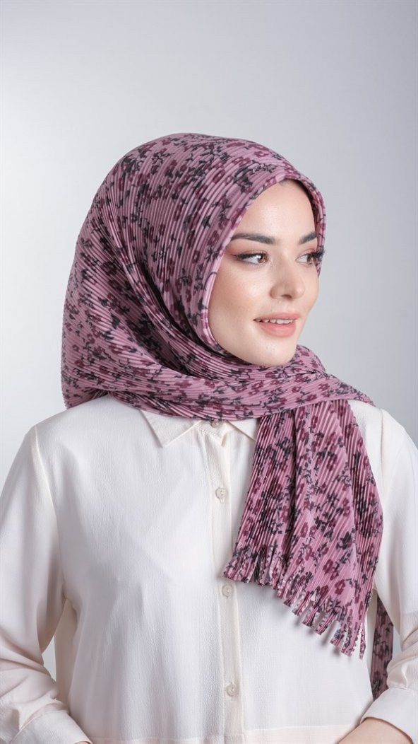 Gül Kurusu Pratik Hazır Geçmeli Tesettür Eşarp Kesik Elyaf Piliseli Çiçek Desenli 1818D7_18 - 2