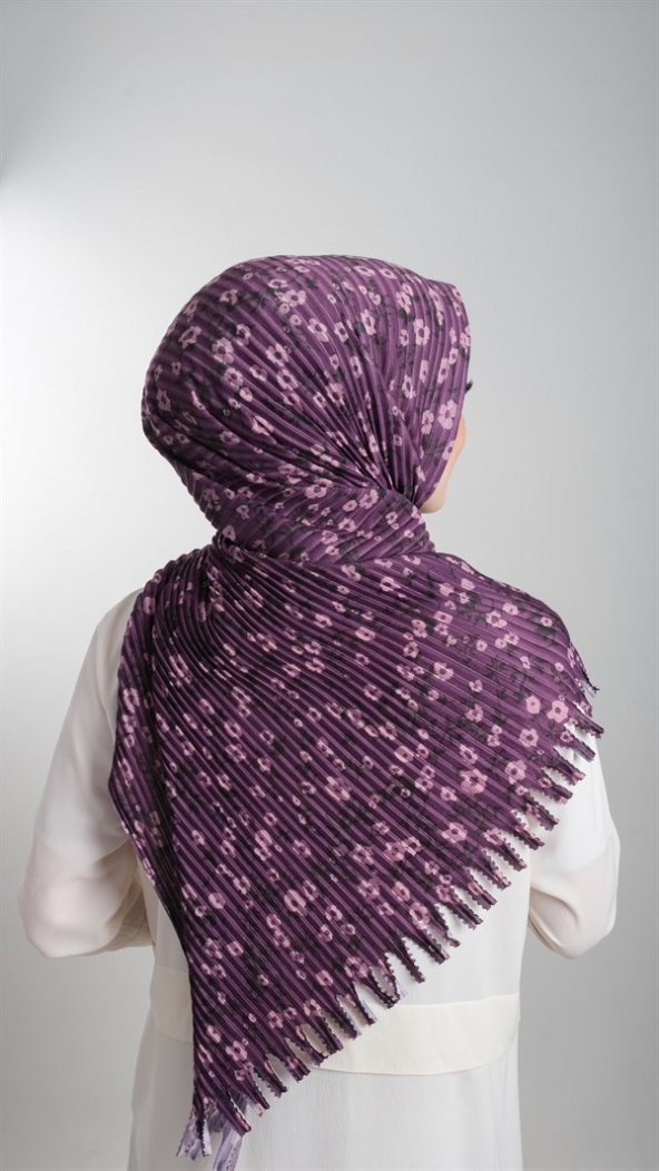 Mürdüm Pratik Hazır Geçmeli Tesettür Eşarp Kesik Elyaf Piliseli Çiçek Desenli 1818D7_07 - 3