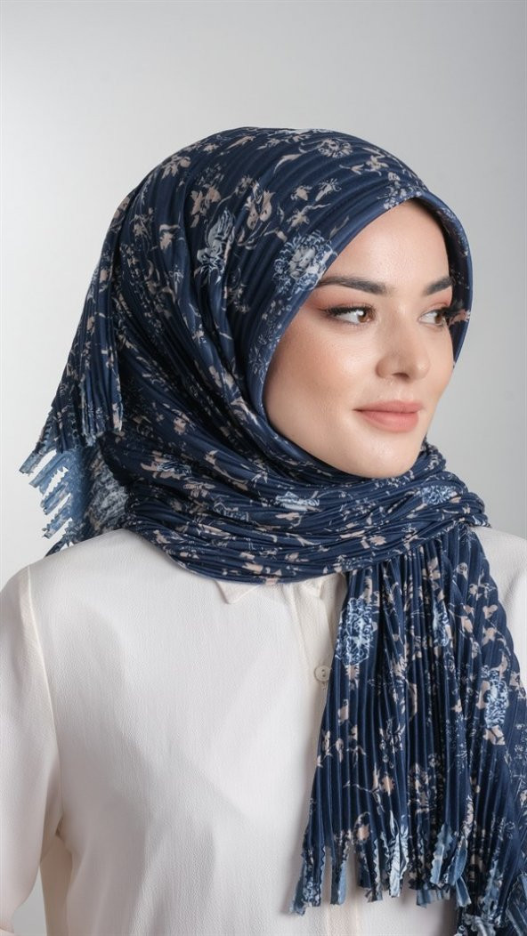 Lacivert-Vizon Pratik Hazır Geçmeli Tesettür Eşarp Kesik Elyaf Piliseli Çiçek Desenli 1818D6_210 - 2